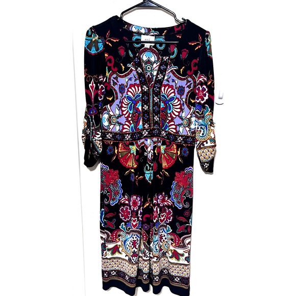 Eci New York Bohemian Dress Knee Length Sz 6 Multicolor V-Neck Beaded boho - Picture 1 of 9